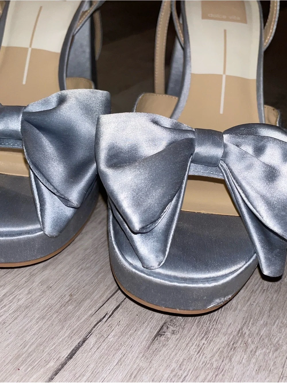 Dolce Vita Women’s Light Blue Satin Platform Sandal with Ankle Strap Bows
